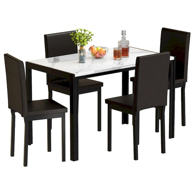 Mieres 5-Piece Dining Table Set with Faux Marble Top and 4 PU Leather Upholstery Chairs for Kitchen Dining Room