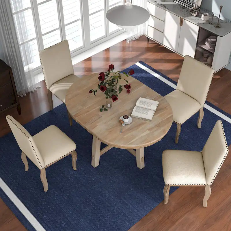 Set da pranzo da 5 pezzi in stile rustico con tavolo rotondo allungabile in legno e 4 sedie da pranzo imbottite