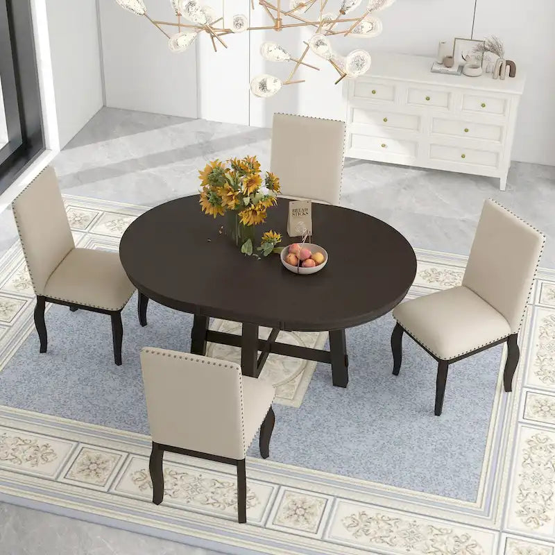 Set da pranzo da 5 pezzi in stile rustico con tavolo rotondo allungabile in legno e 4 sedie da pranzo imbottite