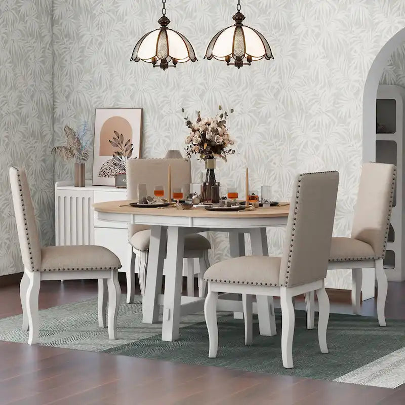 Set da pranzo da 5 pezzi in stile rustico con tavolo rotondo allungabile in legno e 4 sedie da pranzo imbottite