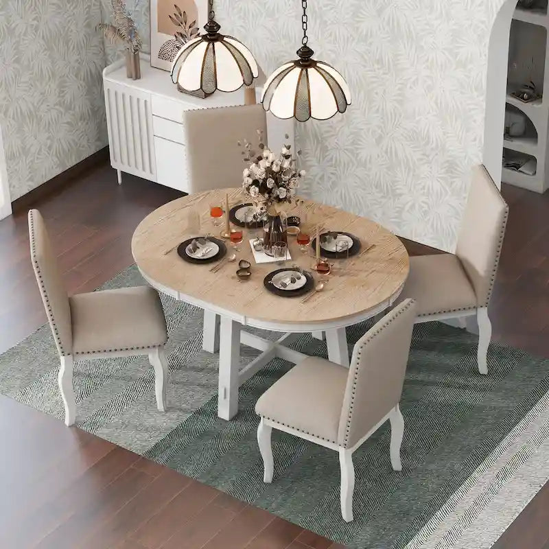 Set da pranzo da 5 pezzi in stile rustico con tavolo rotondo allungabile in legno e 4 sedie da pranzo imbottite