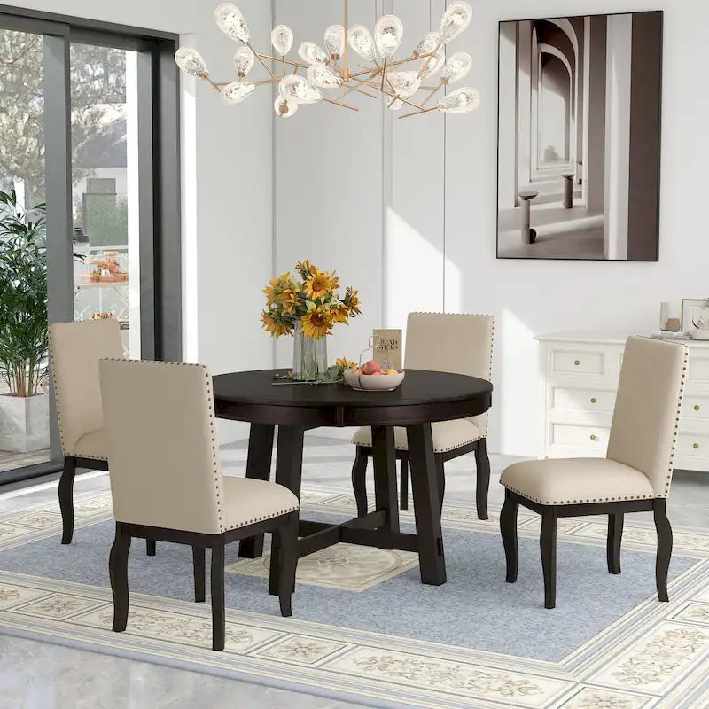 Set da pranzo da 5 pezzi in stile rustico con tavolo rotondo allungabile in legno e 4 sedie da pranzo imbottite