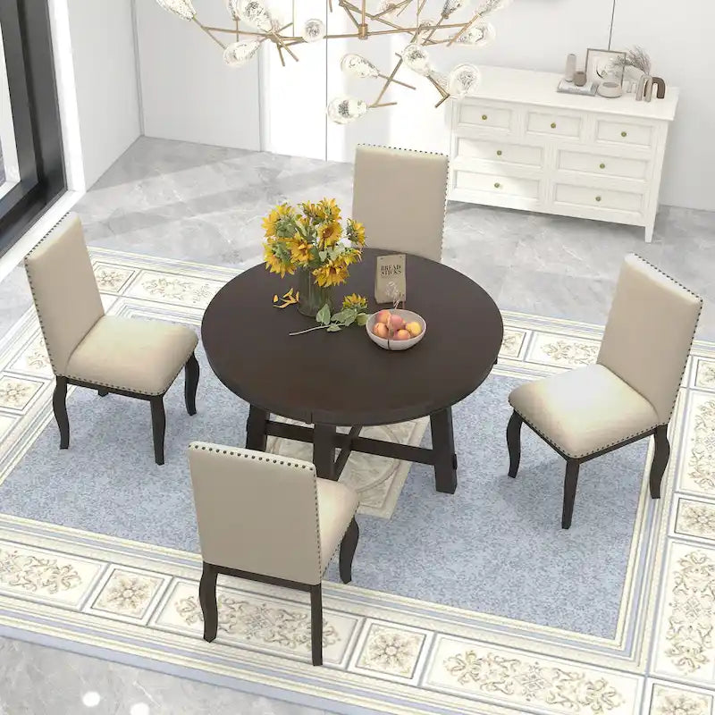 Set da pranzo da 5 pezzi in stile rustico con tavolo rotondo allungabile in legno e 4 sedie da pranzo imbottite