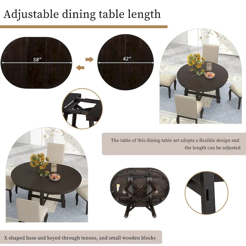 Set da pranzo da 5 pezzi in stile rustico con tavolo rotondo allungabile in legno e 4 sedie da pranzo imbottite