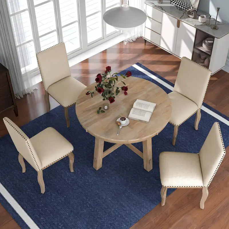 Set da pranzo da 5 pezzi in stile rustico con tavolo rotondo allungabile in legno e 4 sedie da pranzo imbottite