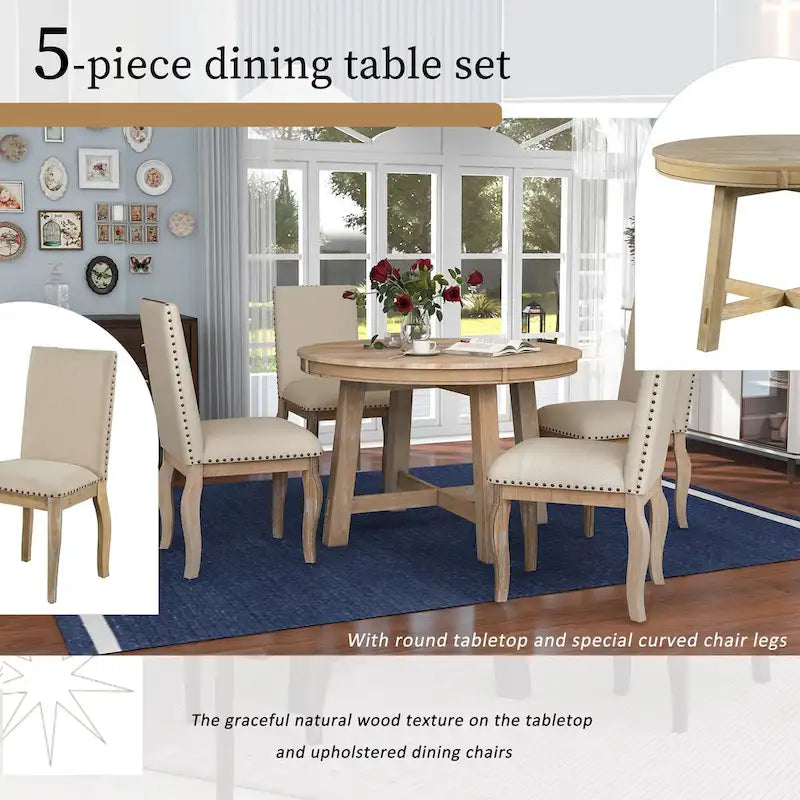 Set da pranzo da 5 pezzi in stile rustico con tavolo rotondo allungabile in legno e 4 sedie da pranzo imbottite