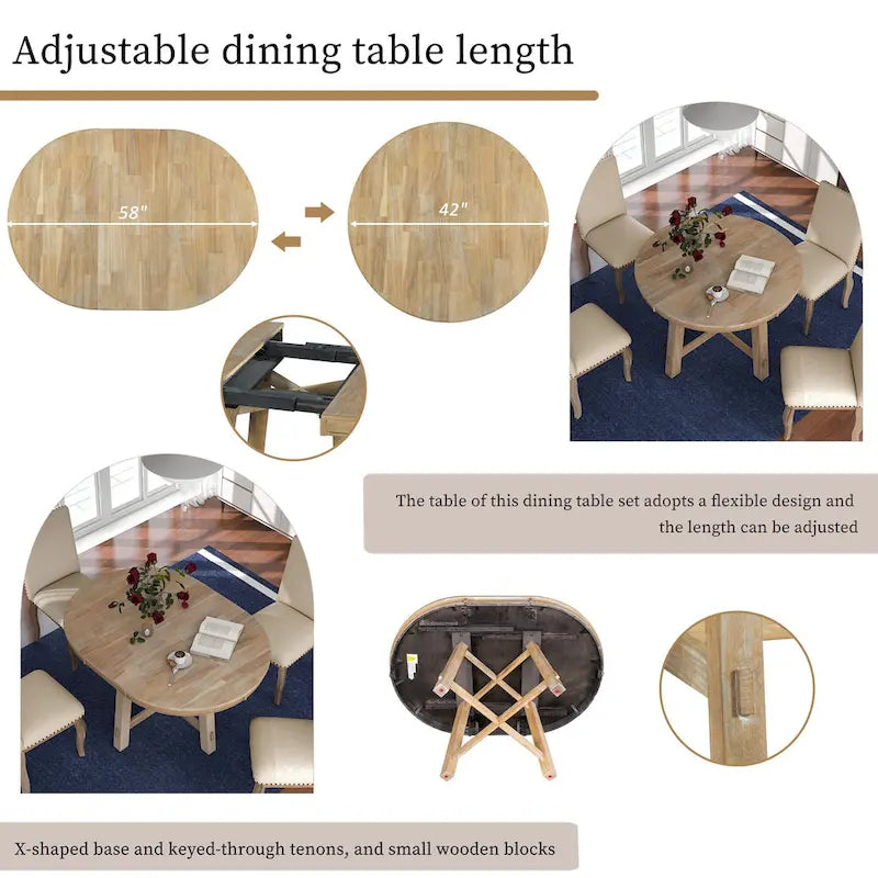 Set da pranzo da 5 pezzi in stile rustico con tavolo rotondo allungabile in legno e 4 sedie da pranzo imbottite