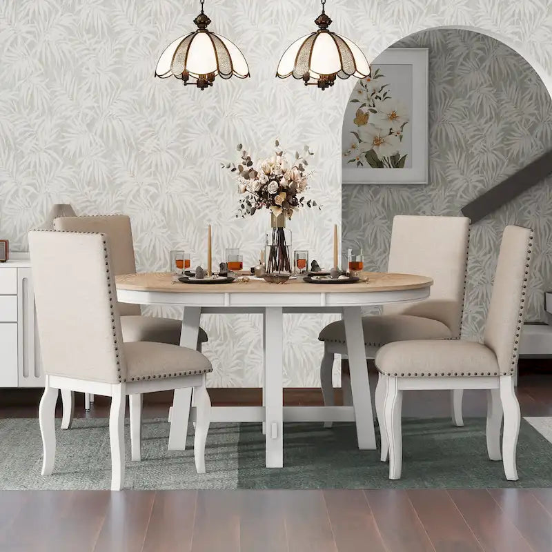 Set da pranzo da 5 pezzi in stile rustico con tavolo rotondo allungabile in legno e 4 sedie da pranzo imbottite