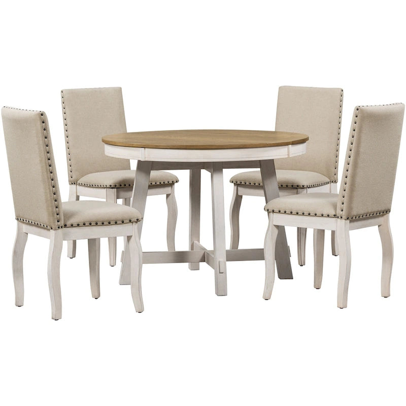 Set da pranzo da 5 pezzi in stile rustico con tavolo rotondo allungabile in legno e 4 sedie da pranzo imbottite