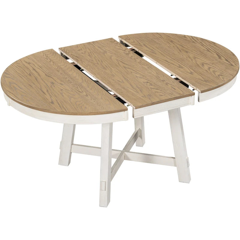 Set da pranzo da 5 pezzi in stile rustico con tavolo rotondo allungabile in legno e 4 sedie da pranzo imbottite