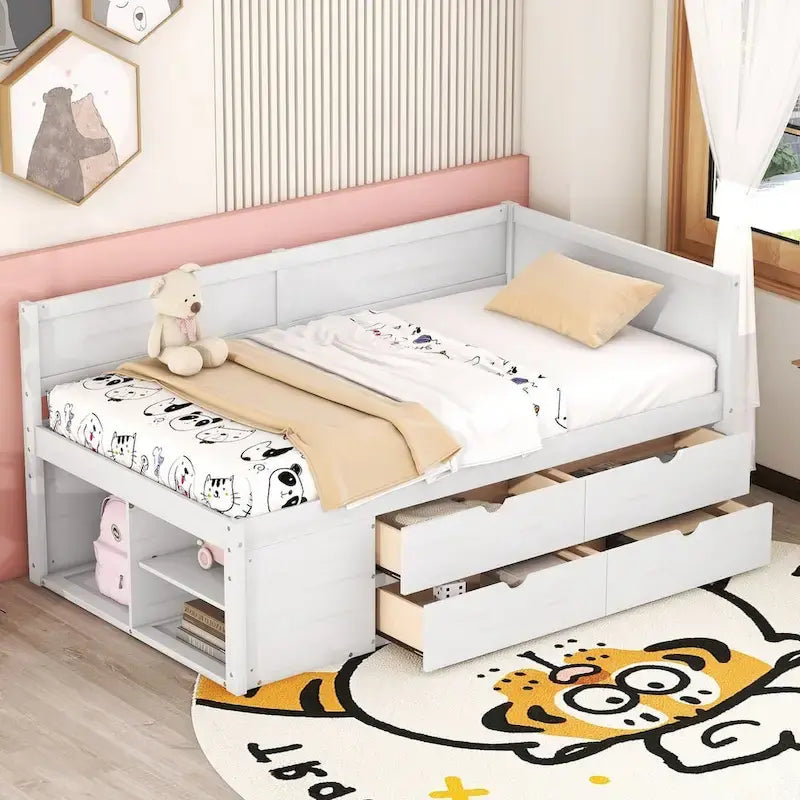 Divano Letto con Cassetti Contenitori e Scaffali Libreria, Letto a Giorno ad Angolo per Bambini Ragazzi Ragazze Adulti