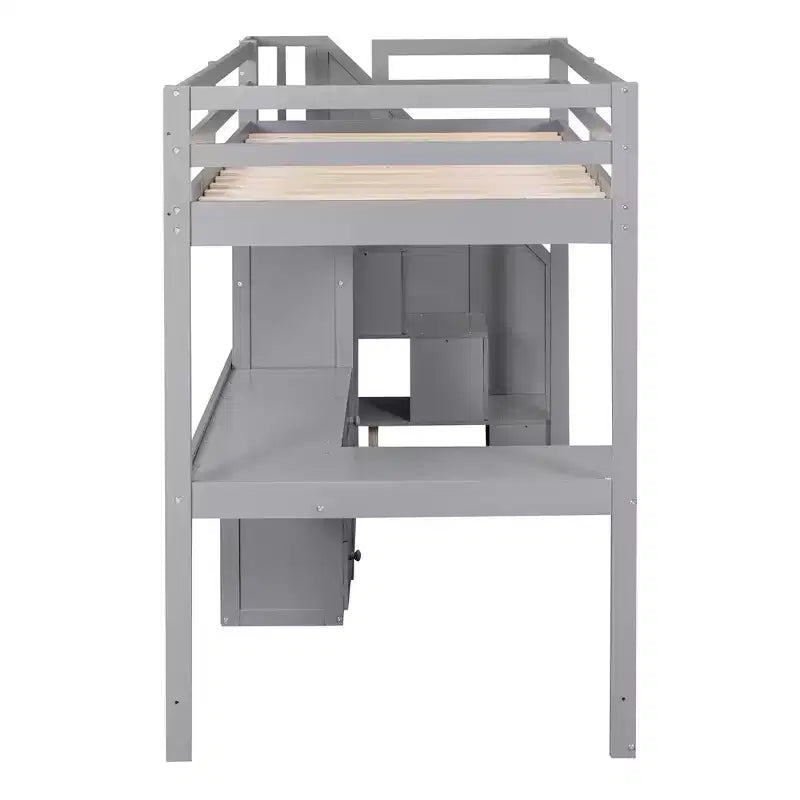 Letto a soppalco singolo con scrivania a L, 3 cassetti, armadio, contenitore per scale, struttura in pino massiccio/MDF