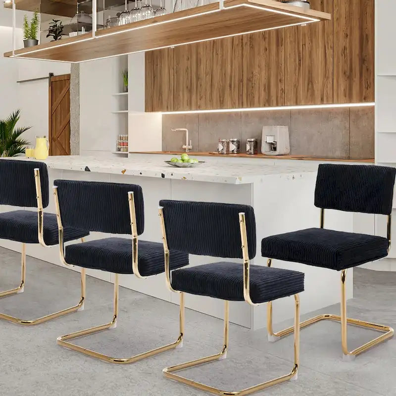 Sedie da pranzo in velluto a coste Mid Century con base in metallo dorato, set da 4