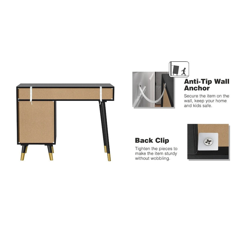 Modern Computer Desk with Drawers Wood Rattan Home Office Desk Writing Desk with File Cabinet