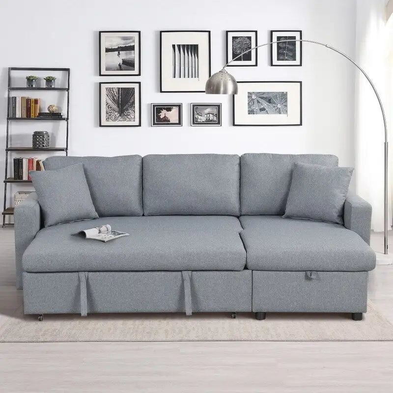 Divano Sezionale Trasformabile con Rivestimento in Tessuto, Contenitore e 2 Cuscini Decorativi