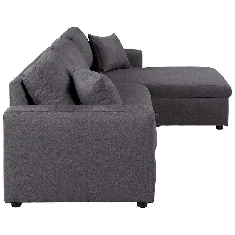 Divano Sezionale Trasformabile con Rivestimento in Tessuto, Contenitore e 2 Cuscini Decorativi