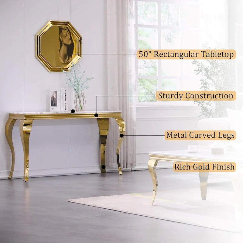 Consolle di lusso bianca e oro con gambe a cabriolet in oro lucido