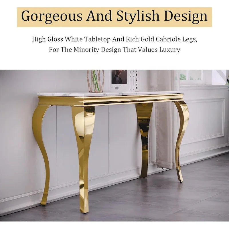 Consolle di lusso bianca e oro con gambe a cabriolet in oro lucido