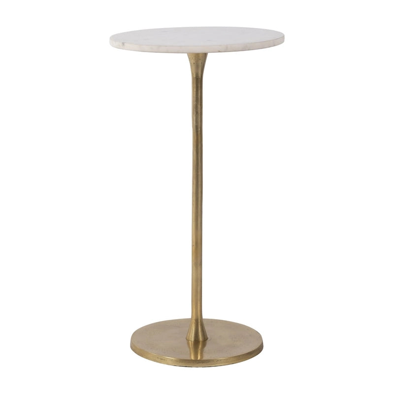 Gold and White 24H Round Drink Accent Table with Aluminum/Stone Construction for Elegant and Purposeful Living Space