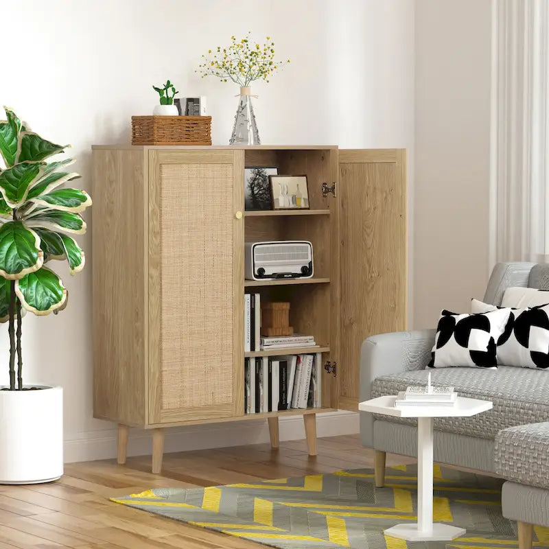 Anmytek Madia moderna a 2 ante in rattan Mobiletto contenitore da cucina per soggiorno