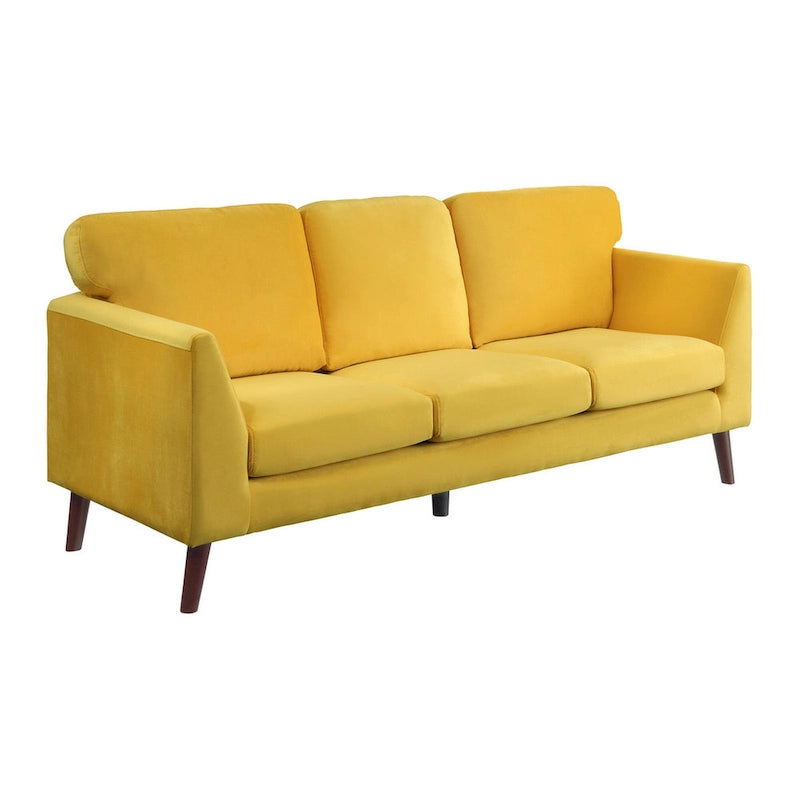 Divano Bard da 81 pollici, velluto giallo, cuscini reversibili, legno marrone scuro