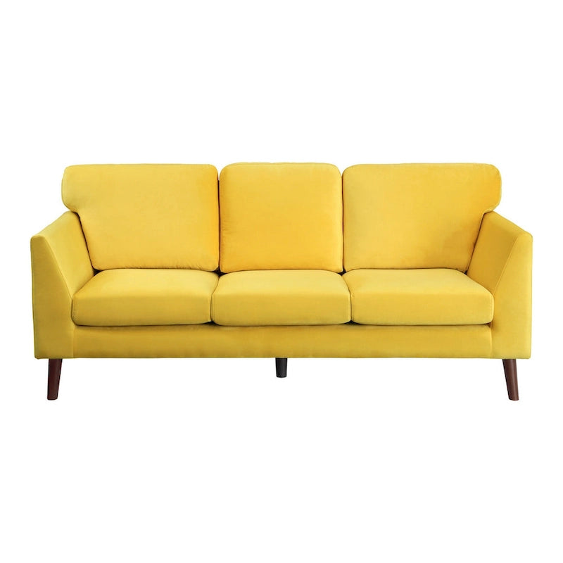 Divano Bard da 81 pollici, velluto giallo, cuscini reversibili, legno marrone scuro