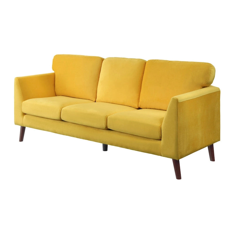 Divano Bard da 81 pollici, velluto giallo, cuscini reversibili, legno marrone scuro