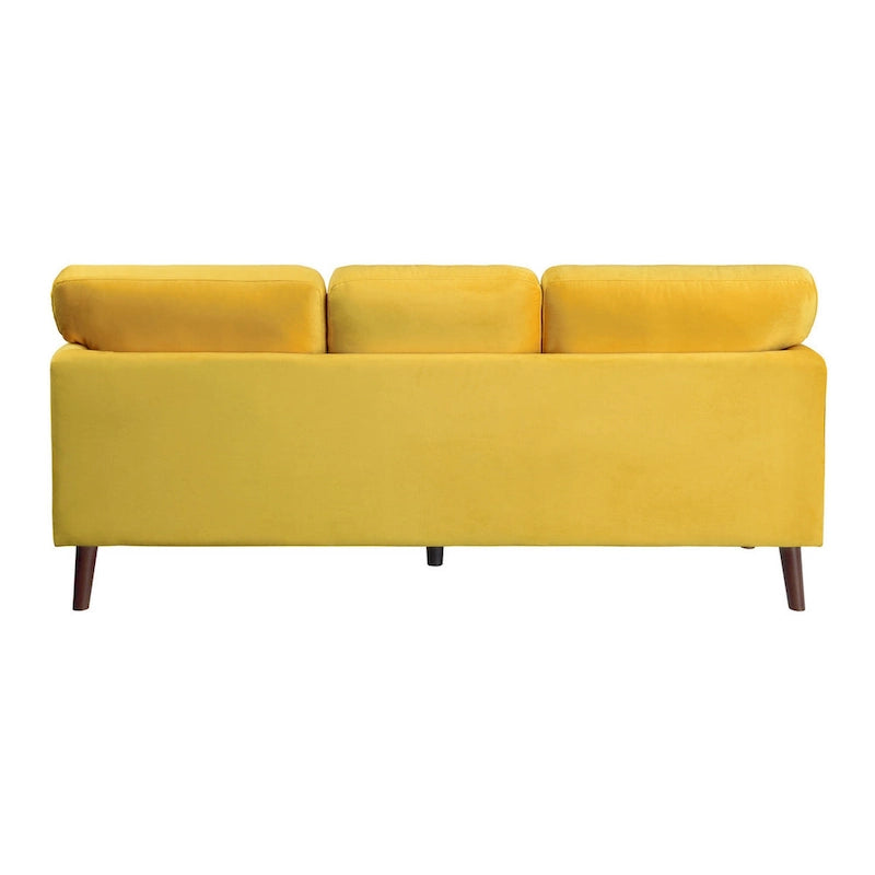 Divano Bard da 81 pollici, velluto giallo, cuscini reversibili, legno marrone scuro