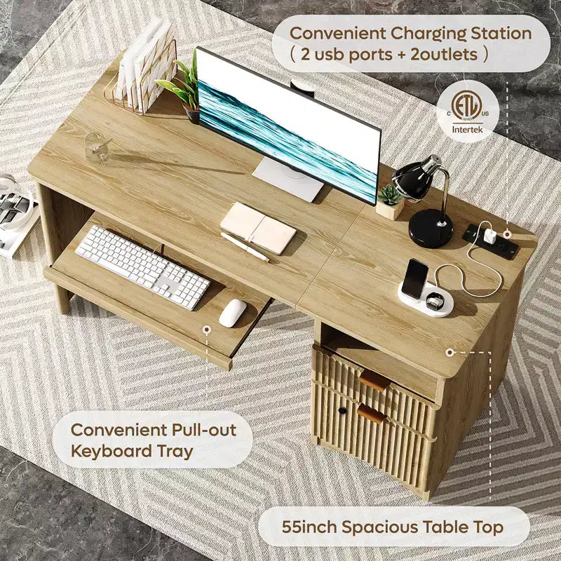 Scrivania Smart Bestier 55 per computer, scrivania da scrittura in rovere con cassetti portadocumenti e presa di corrente, scrivania direzionale con vani a giorno e vassoio per tastiera