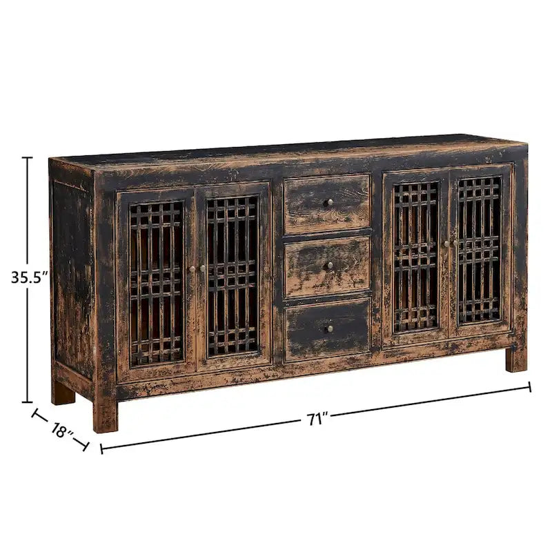 Credenza Norris da 71 pollici in pino anticato con ante a griglia, nero anticato