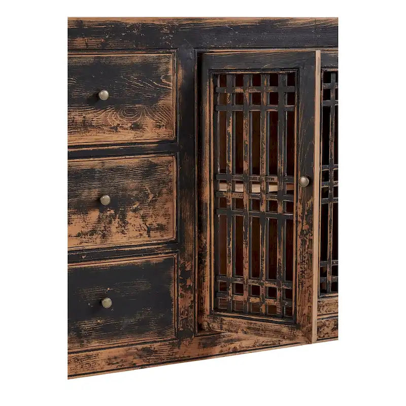 Credenza Norris da 71 pollici in pino anticato con ante a griglia, nero anticato