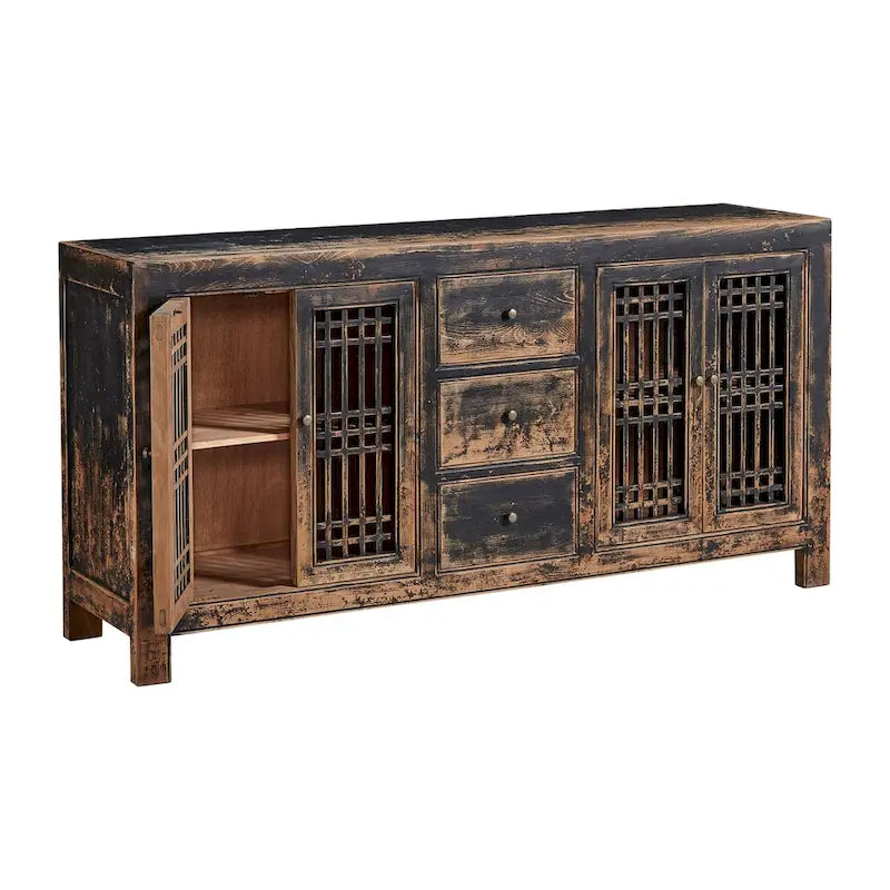 Credenza Norris da 71 pollici in pino anticato con ante a griglia, nero anticato