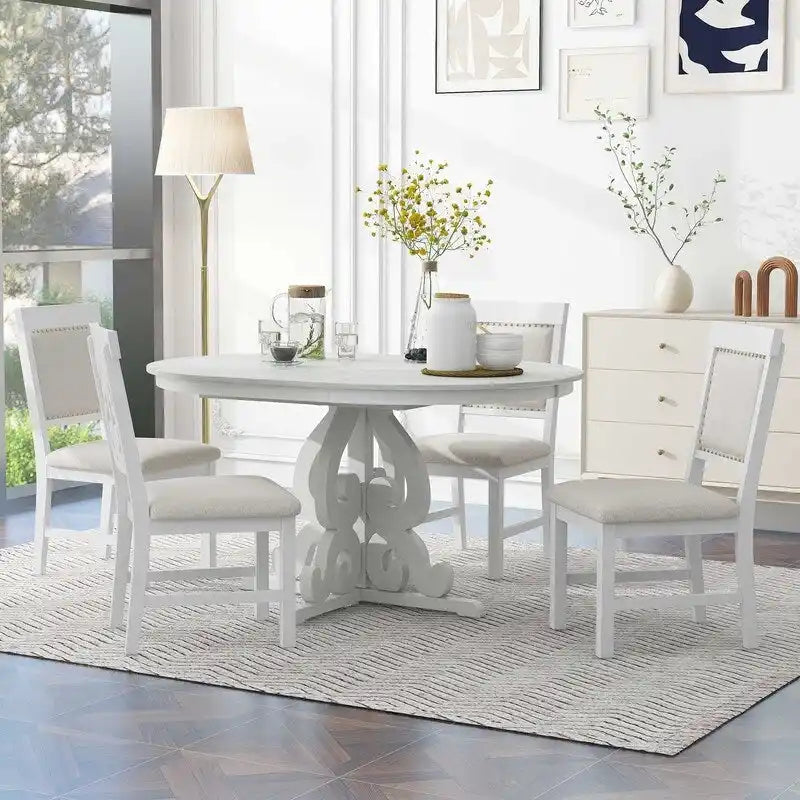 5-Piece Retro Functional Dining Set, 1 Extendable Table with a 16-inch Leaf and 4 Upholstered Chairs for Dining Room and Kitchen