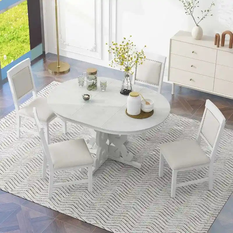 Set da pranzo funzionale retrò da 5 pezzi, 1 tavolo allungabile con prolunga da 40 cm e 4 sedie imbottite per sala da pranzo e cucina