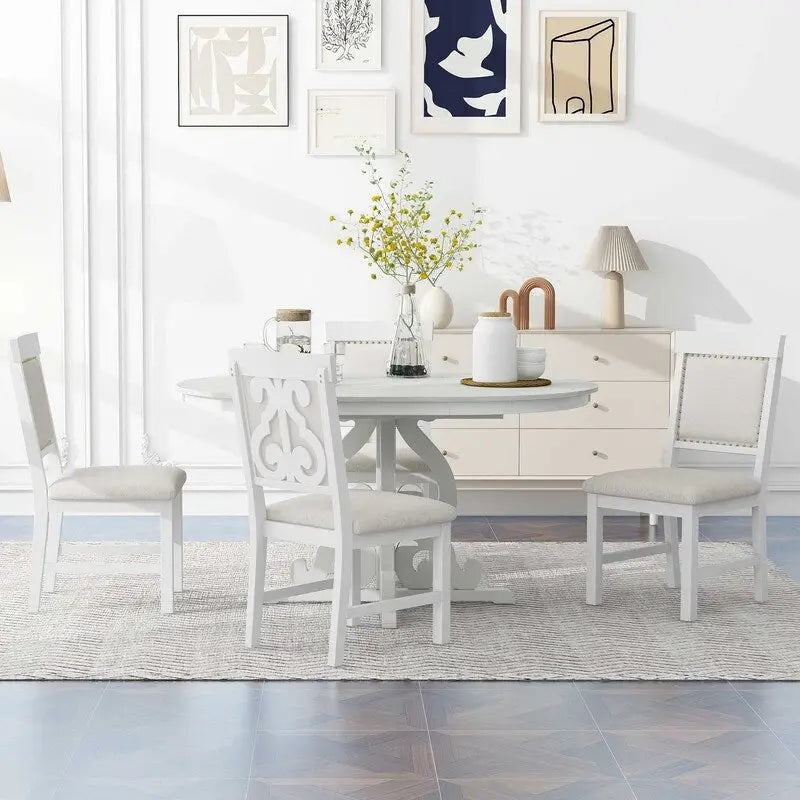 Set da pranzo funzionale retrò da 5 pezzi, 1 tavolo allungabile con prolunga da 40 cm e 4 sedie imbottite per sala da pranzo e cucina