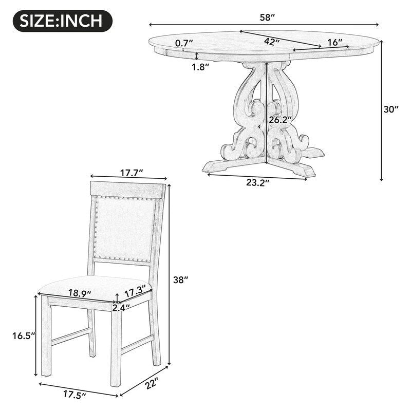 Set da pranzo funzionale retrò da 5 pezzi, 1 tavolo allungabile con prolunga da 40 cm e 4 sedie imbottite per sala da pranzo e cucina