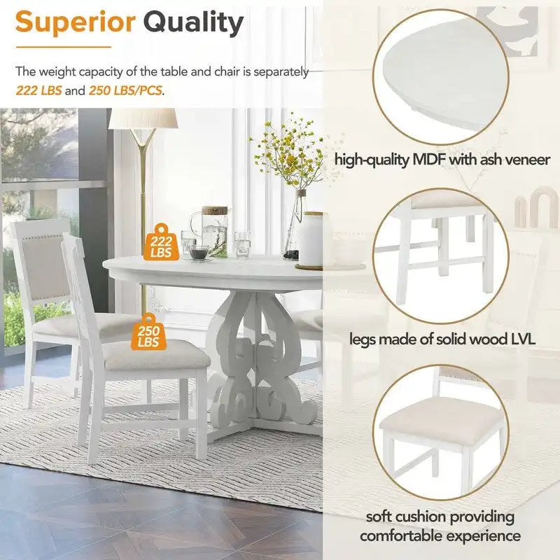 Set da pranzo funzionale retrò da 5 pezzi, 1 tavolo allungabile con prolunga da 40 cm e 4 sedie imbottite per sala da pranzo e cucina