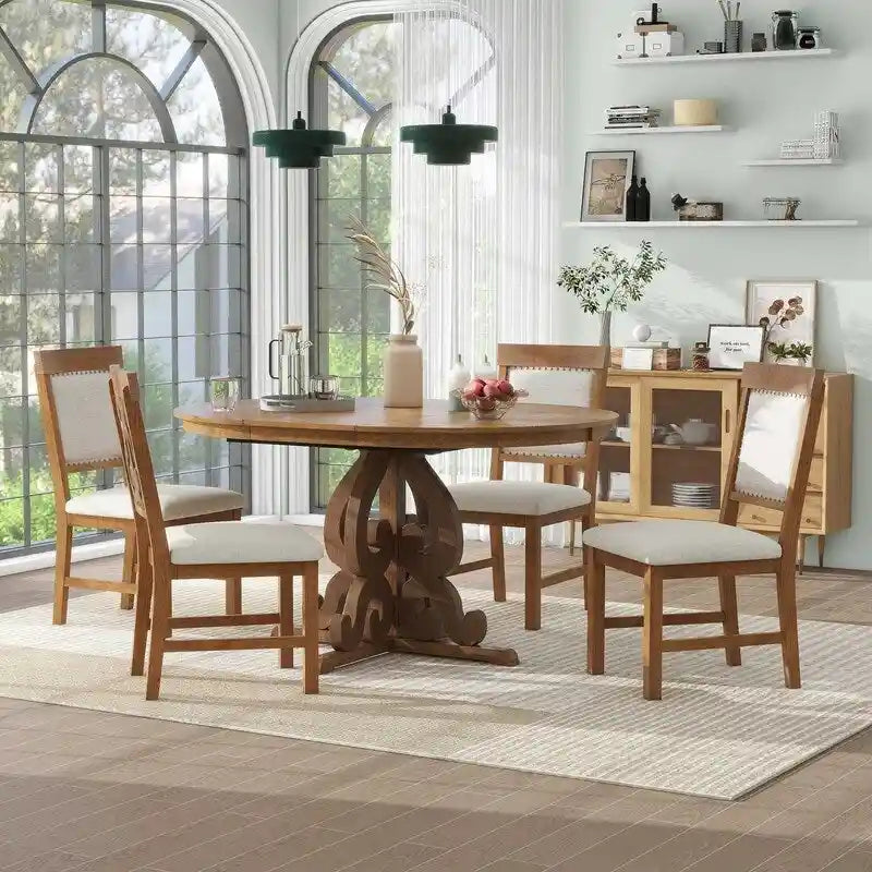Set da pranzo funzionale retrò da 5 pezzi, 1 tavolo allungabile con prolunga da 40 cm e 4 sedie imbottite per sala da pranzo e cucina