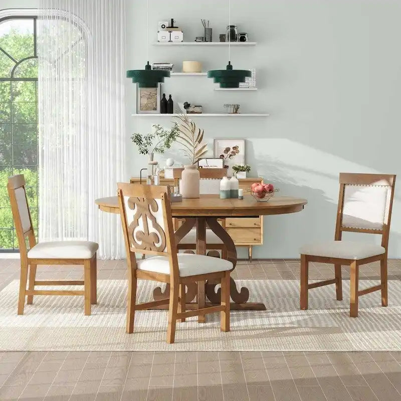 Set da pranzo funzionale retrò da 5 pezzi, 1 tavolo allungabile con prolunga da 40 cm e 4 sedie imbottite per sala da pranzo e cucina