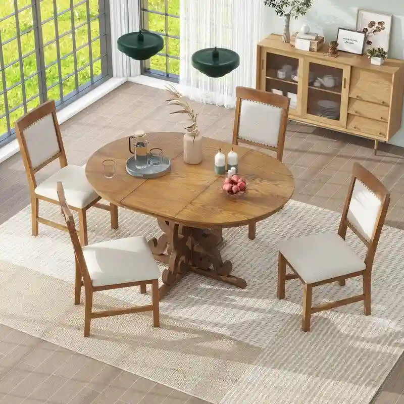Set da pranzo funzionale retrò da 5 pezzi, 1 tavolo allungabile con prolunga da 40 cm e 4 sedie imbottite per sala da pranzo e cucina