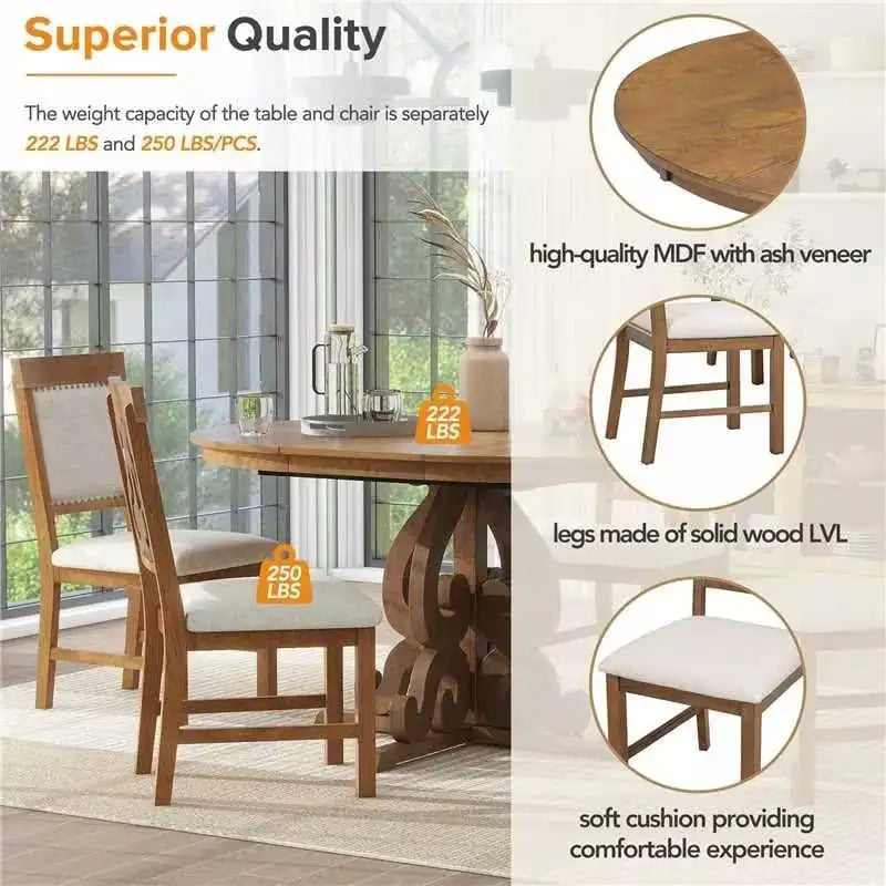 Set da pranzo funzionale retrò da 5 pezzi, 1 tavolo allungabile con prolunga da 40 cm e 4 sedie imbottite per sala da pranzo e cucina