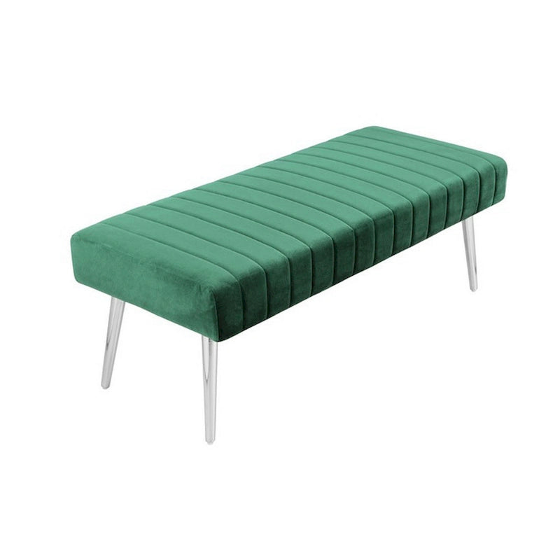 Panca Lida 45 pollici, linee moderne trapuntate, velluto verde morbido, metallo cromato