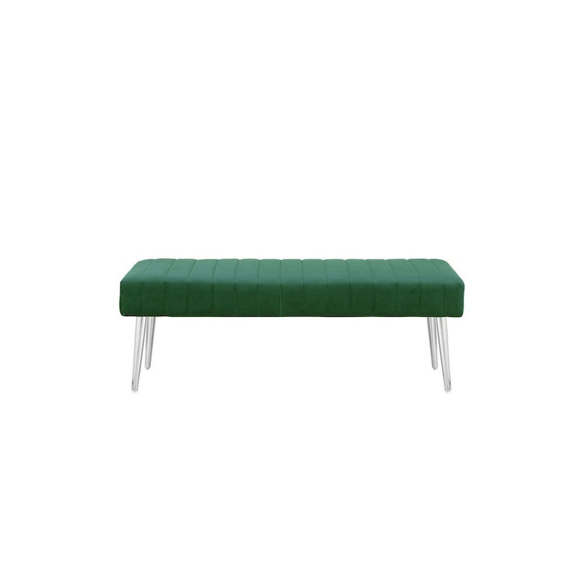 Panca Lida 45 pollici, linee moderne trapuntate, velluto verde morbido, metallo cromato