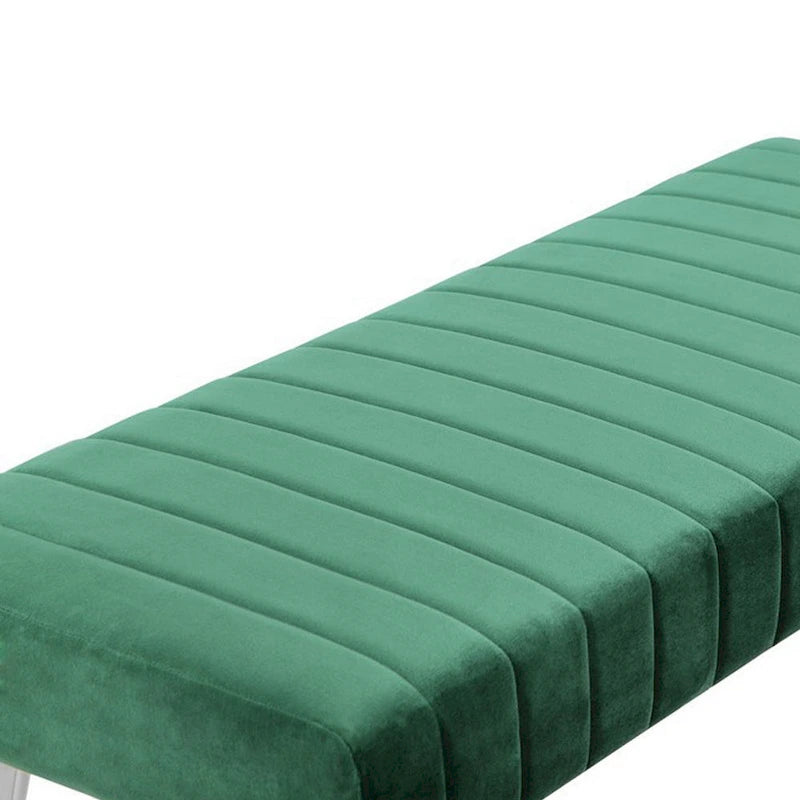 Panca Lida 45 pollici, linee moderne trapuntate, velluto verde morbido, metallo cromato
