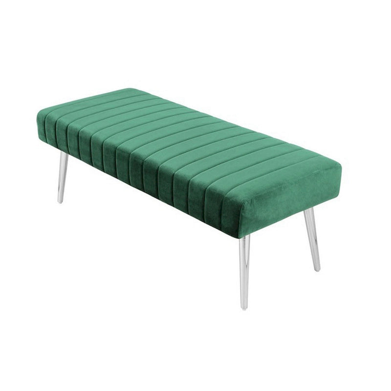 Panca Lida 45 pollici, linee moderne trapuntate, velluto verde morbido, metallo cromato