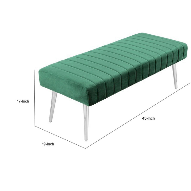 Panca Lida 45 pollici, linee moderne trapuntate, velluto verde morbido, metallo cromato