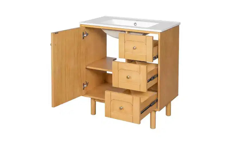 Mobile lavabo JVNOXK da 30 pollici, rustico e moderno, in ceramica, con 3 cassetti e 1 anta grande con chiusura ammortizzata, mobile contenitore, venatura del legno naturale
