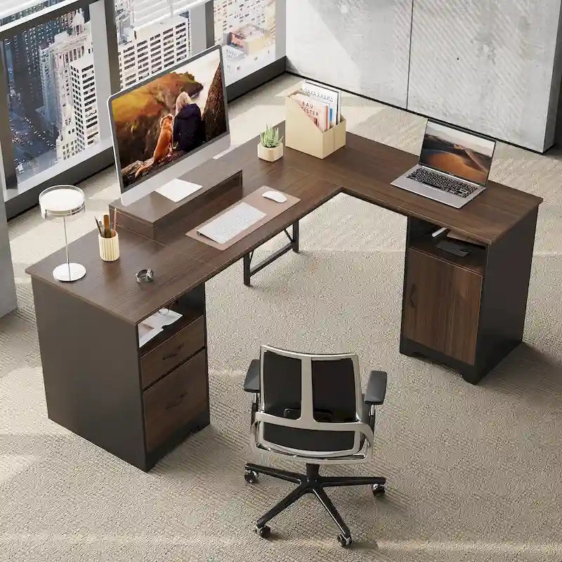 Scrivania angolare da 63" per ufficio con cassetti per schedari e vano portaoggetti, scrivania per computer con supporto per monitor e scomparti aperti