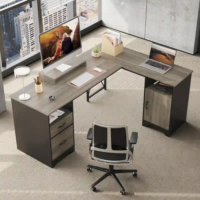 Scrivania angolare da 63" per ufficio con cassetti per schedari e vano portaoggetti, scrivania per computer con supporto per monitor e scomparti aperti