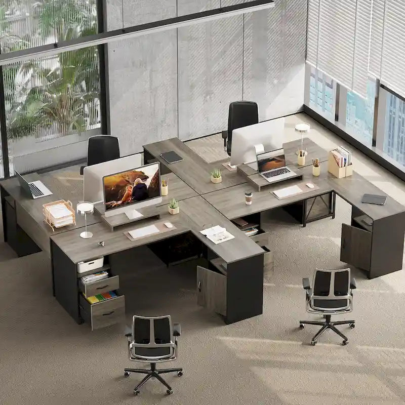 Scrivania angolare da 63" per ufficio con cassetti per schedari e vano portaoggetti, scrivania per computer con supporto per monitor e scomparti aperti